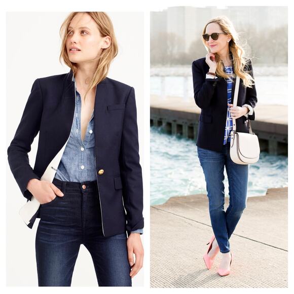 J. Crew Regent Blazer With Satin Lapel Women's Size 2 Navy Wool School Boy Work - Picture 1 of 12
